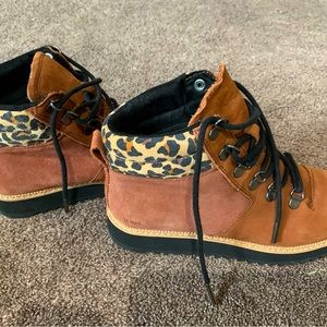 lace up leather/suede water resistant booties with leopard print detail on heel